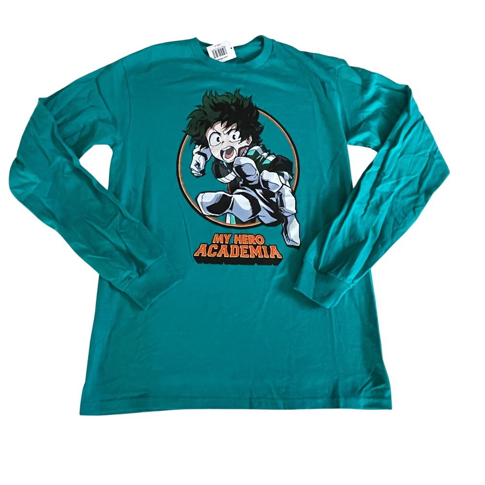 My Hero Academia Deku Graphic Long Sleeve T-Shirt Teal‎ Green Mens Small New